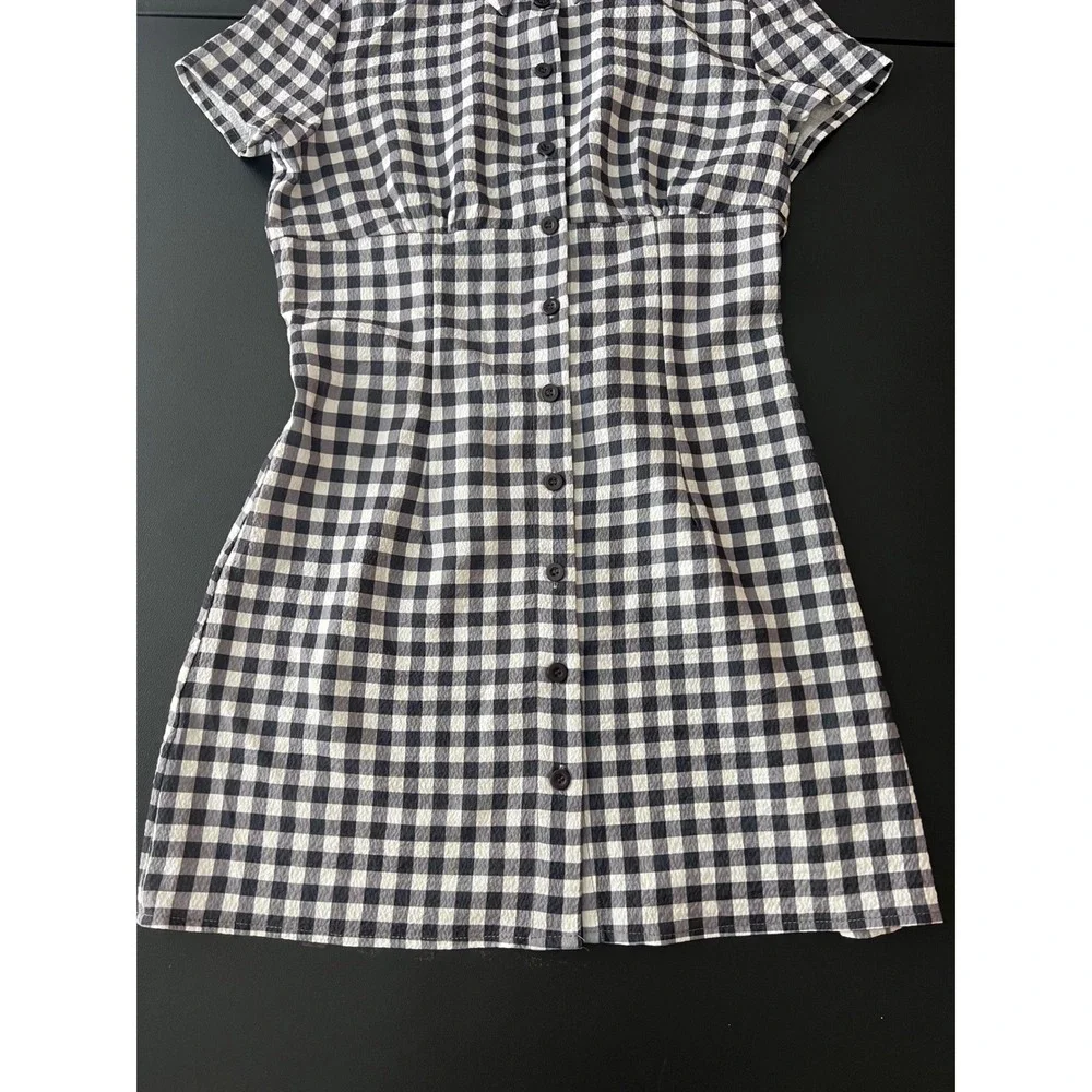 Sold*Black White Gingham Button Front Mini Dress Short Sleeve Smocked Med 1009 - Picture 2 of 10